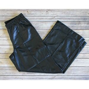 Express Pants Womens Medium Black Faux Leather Wide Leg Elastic Waist Pockets